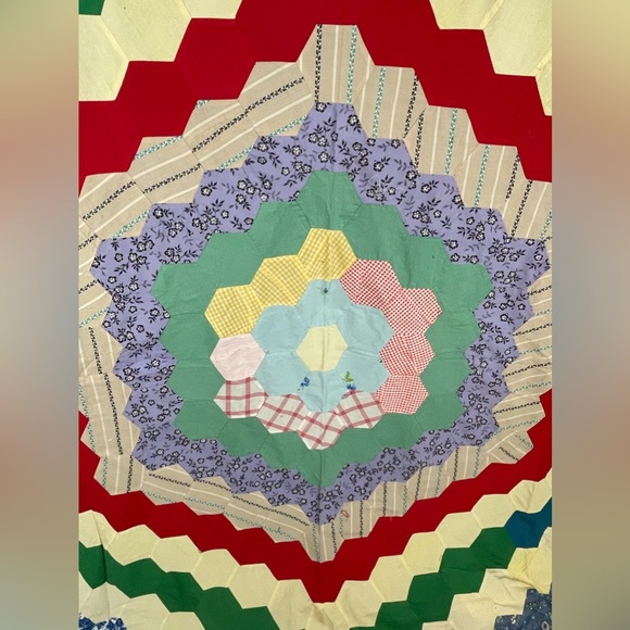 Vintage Antique Hexagon Unfinished Quilt Top Handmade Hand Sewn 72 x 93 - Picture 8 of 13